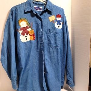 Denim chambray, snowman applique, "Let it snow", button down, shirt